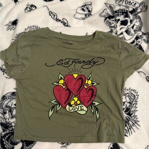 Ed Hardy Olive Green Tee with Red Heart Trio Graphic